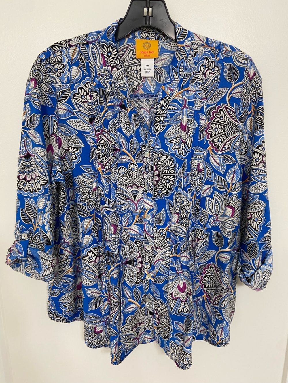 Ruby Rd. Blue Paisley-Leaf Button Front Tunic